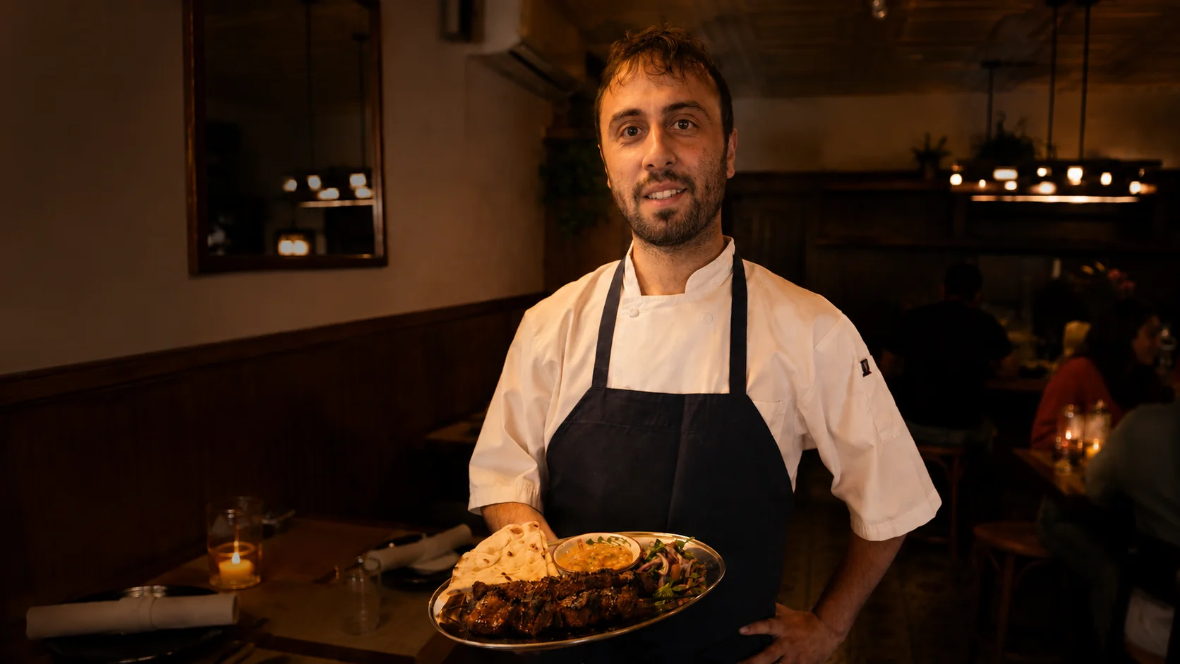 Alesta Mediterranean &mdash; Chef holding a Mediterranean platter in a warm dining room at Alesta