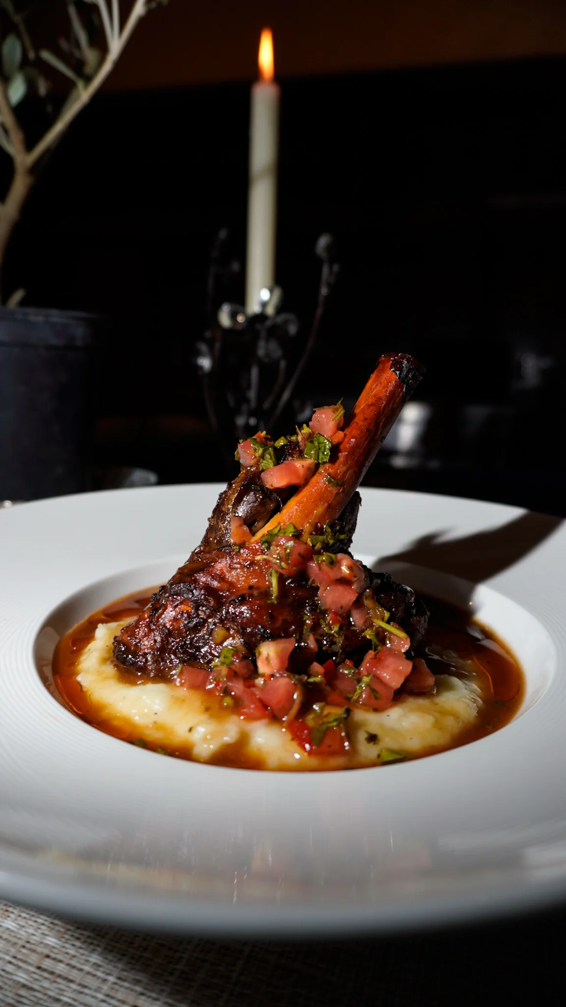 Cola Braised Lamb Shank with mashed potatoes and lamb jus at Alesta in Sebastopol