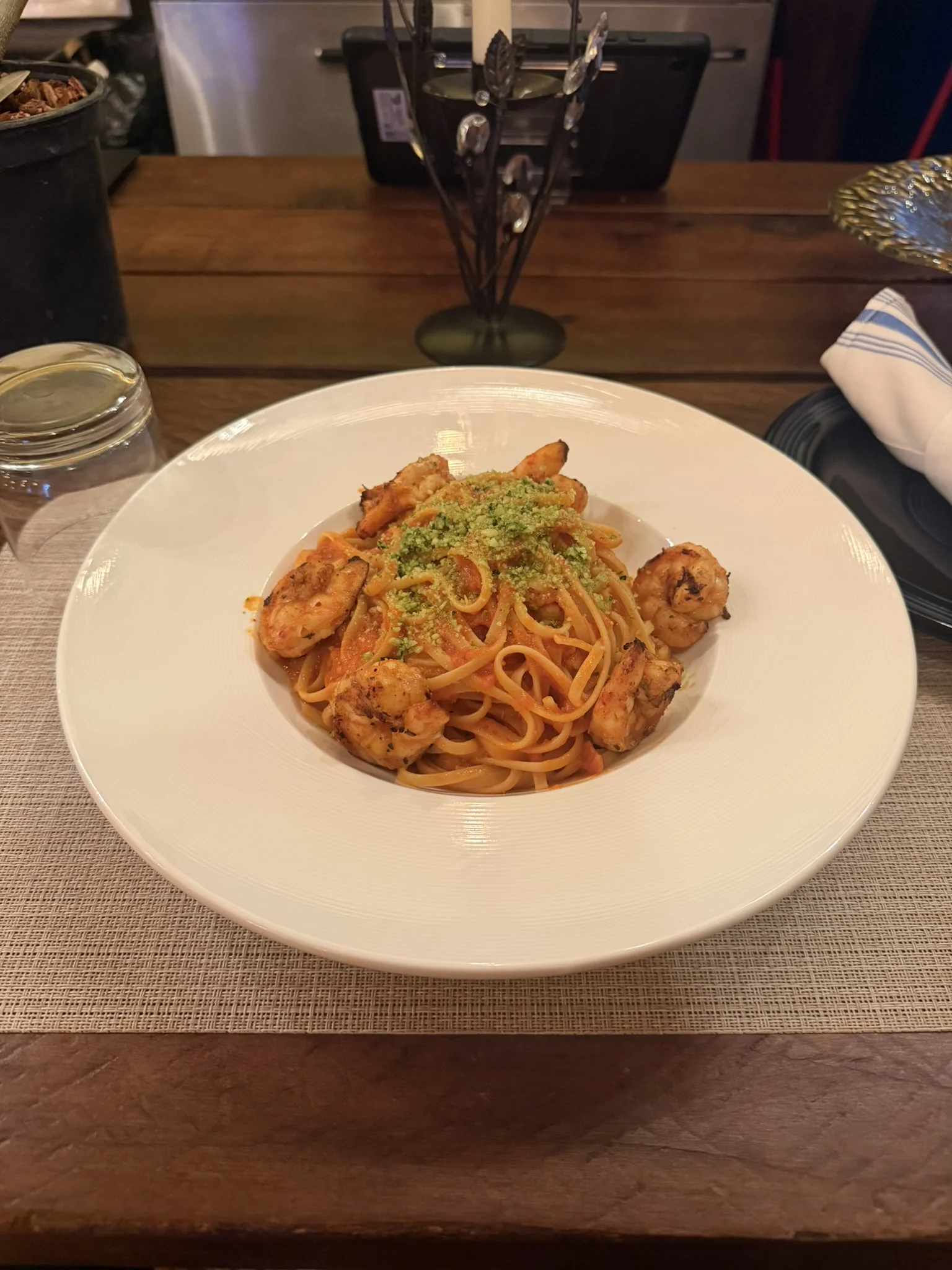 Shrimp Alla Vodka &mdash; Linguine, basil, parmesan. Rich, warm, and made for the evening table.