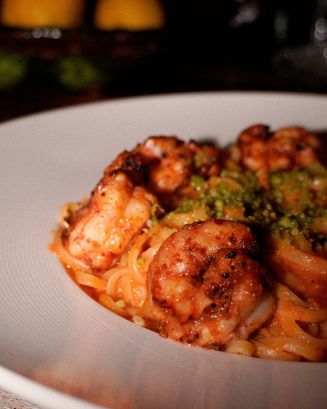Shrimp Alla Vodka — Closeup - Perfectly seared shrimp over silky vodka linguine