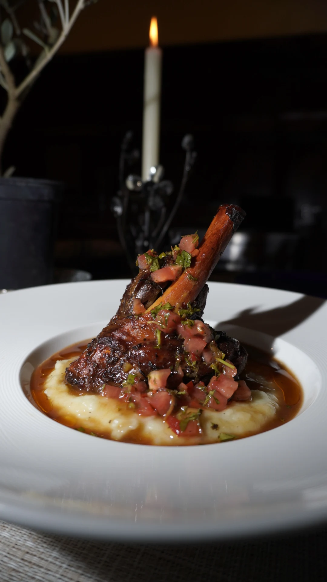 Slow Braised Lamb Shank - Silky potatoes, lamb jus, gremolata, pickled peppers