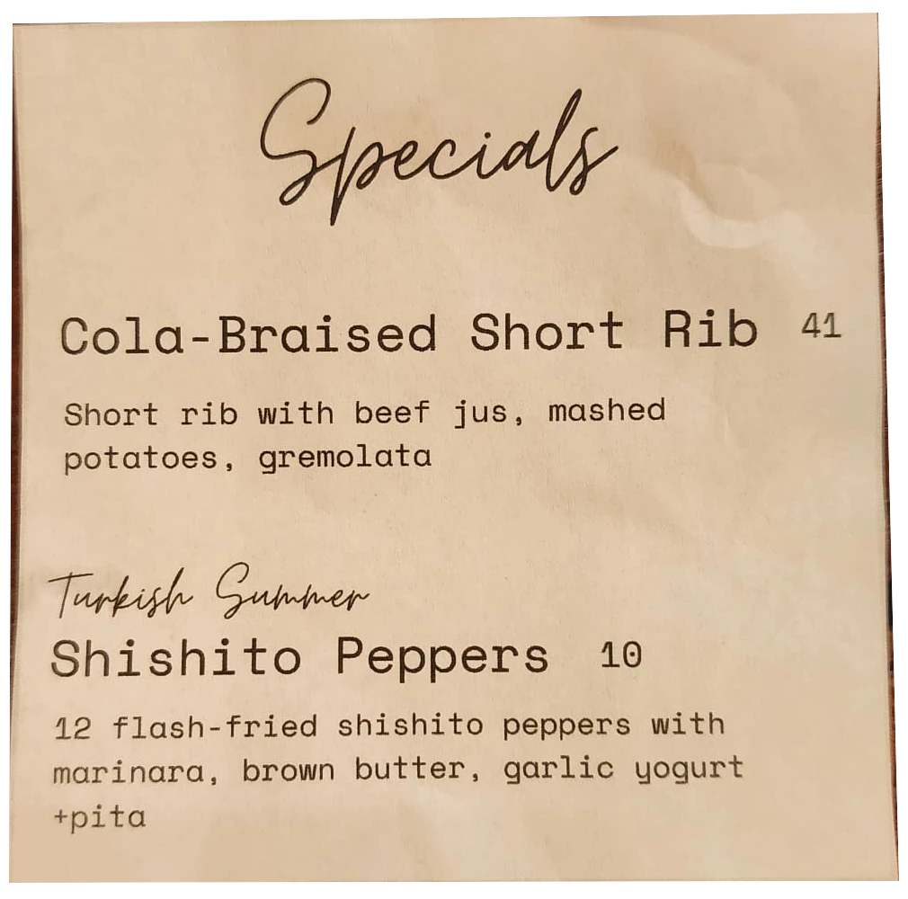 September specialties: Cola-Braised Short Rib and Turkish Summer Shishito Peppers
